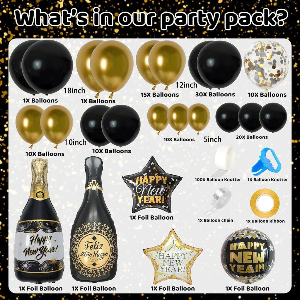 2026 Happy New Year Black Gold Balloon Set – Digital and Foil Decorations