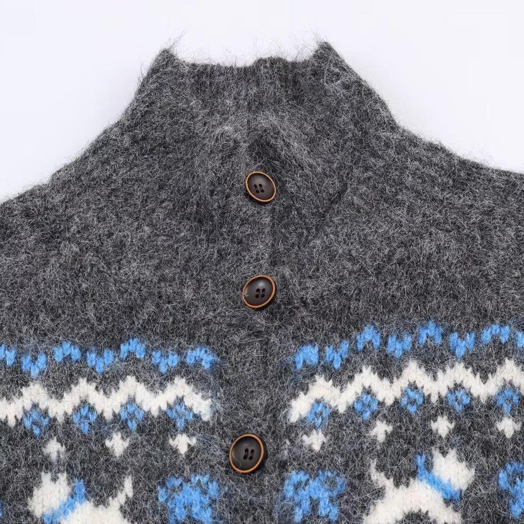 Høst 2025 Dame Cardigan i Jacquardstrik med Standkrave - Europæisk & Amerikansk Mode