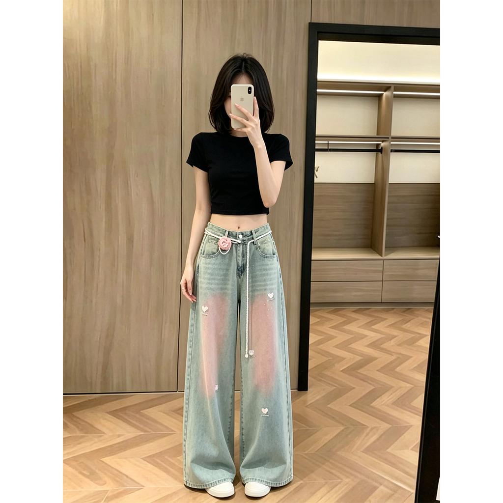 Korean lazy style light-colored denim wide-leg pants women's summer thin loose straight high-waisted drape pants versatile and thin