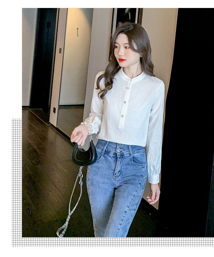 2024 Women's Retro Jacquard Cotton Pullover: Long Sleeve Stand-up Collar Shirt for Spring and Autumn