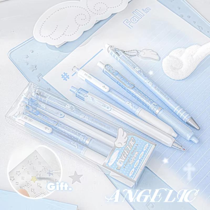 4pcs/set Pearl Angel Gel Pen Set Cute Exam Pens with Wing Design Kawaii Cartoon 0.5mm Black Ink for Kids Back To School Student