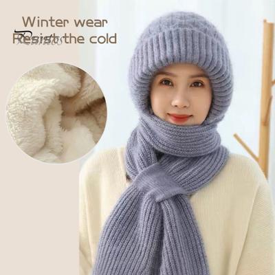 Women Winter Hat with Integrated Scarf Thick Warm Knitted Windproof High Elasticity Full Protection Outdoor Travel Cold Weather Cap