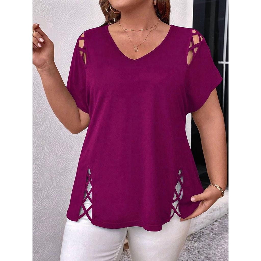 Women V Neck Short Sleeve Top Side Cut Out Design Casual Blouse Multiple Colors