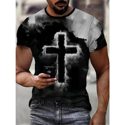 Men'S Fashion 3D Cross Print T-Shirt Casual Crew Neck Short Sleeve Polyester Blend Top with Stretch for Summer Outdoor Activities