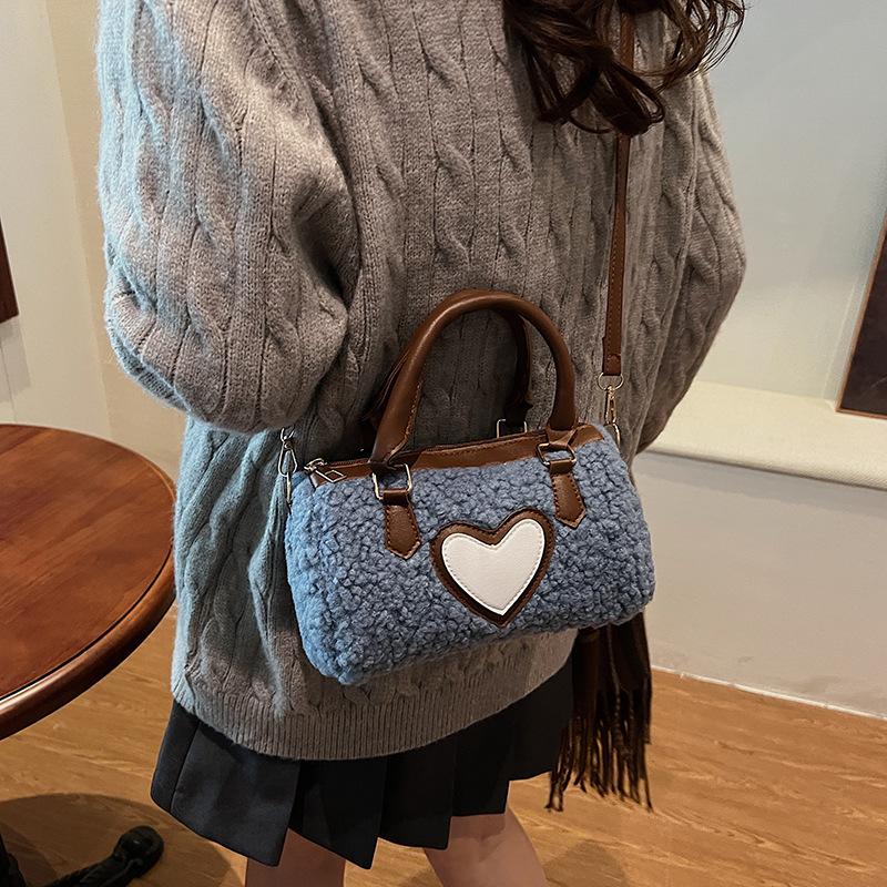 Winter Faux Lamb Wool Women's Top-handle Bags Fashi Ladies Shoulder Crossbody Bag Small Barrel-shaped Handbag Female Purse