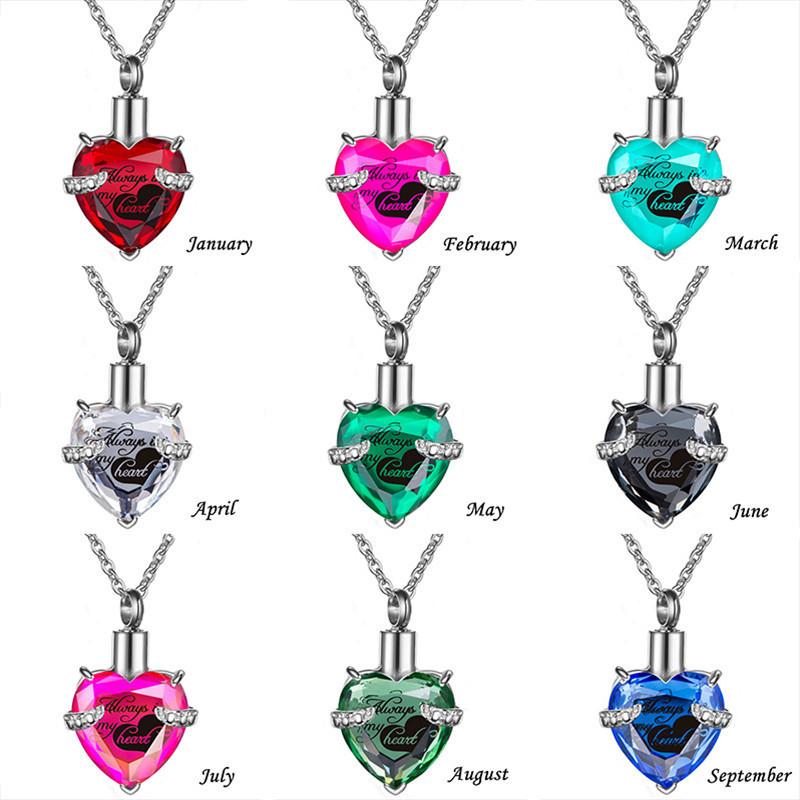Always In My Heart Stainless Steel Birthstone Heart -Shaped Glass Clavicle Chain Perfume Bottle Keepsake Necklace Jewelry