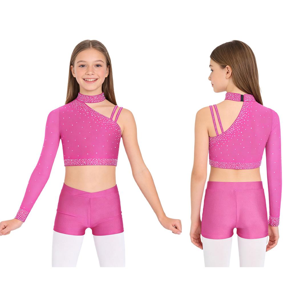 Třpytivý crop top na tanec s kamínky pro dívky: Šortky s nepravidelným ramenem a V-předním pasem pro taneční vystoupení