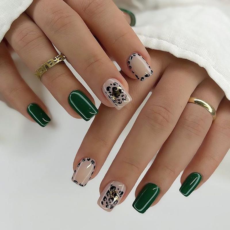 Leopard Print Green Nude Square Press-On Nail Tips Glue Version