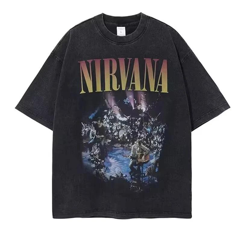 Nirvana Rock Band Men's Retro Cotton Washed Tee In Utero Album Man Women's Oversized Y2K Distress Tshirt Casual Loose Streetwear