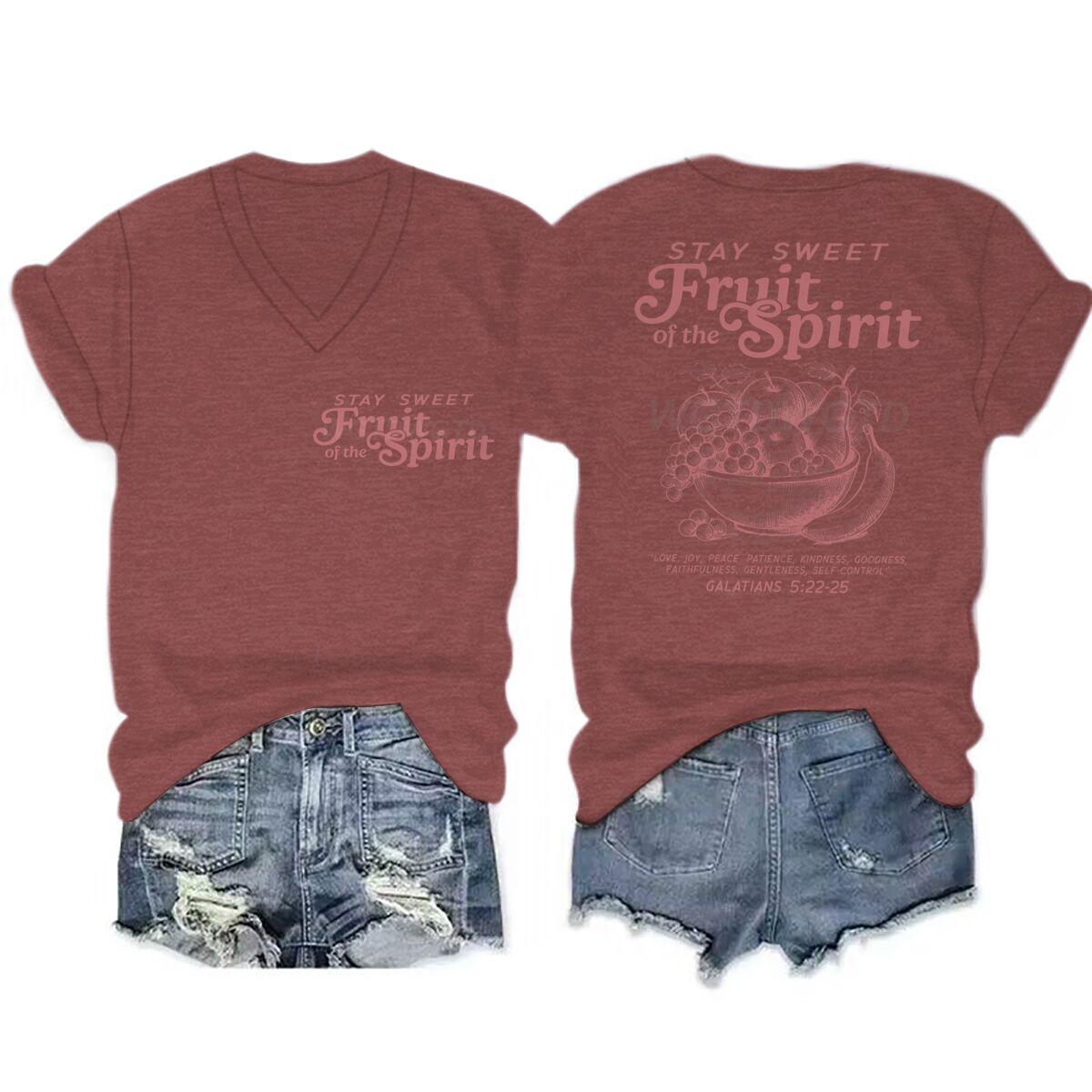 Fruit of The Spirit Shirt Christian Tshirt for Women Vintage Faith Apparel Bible Verse Tee Aesthetic Religious Gift Vneck Tops S