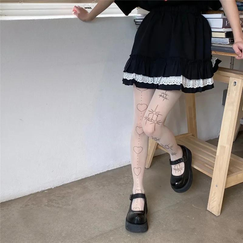 Japanese Kawaii Lolita Tights Star Heart Printing Tattoo Thigh High Stockings Pantyhose Women Sweet Girls White Tights Women