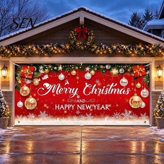 Outdoor Winter Party Supplies Christmas Garage Door Cover, Holiday Hanging Banner Backdrop, Decoration Santa Claus Snowman Truck Photography