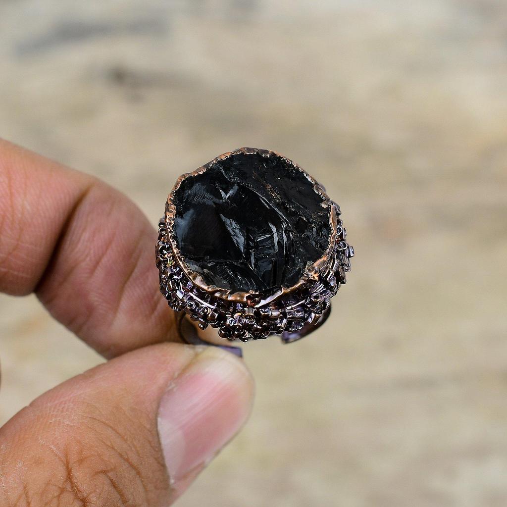 Black Tourmaline Rough Ring Electroformed Copper Adjustable Ring Rough Gemstone Jewelry Handmade Stylish Ring Electroformed Jewelry For Gift