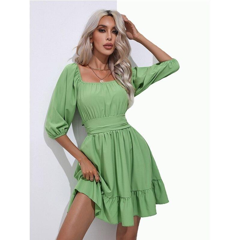 Letní Dámské Šaty Čtvercový límec České volánky Pružný pas nad kolena Minišaty Polorukávy Pulovr Mujer Vestidos