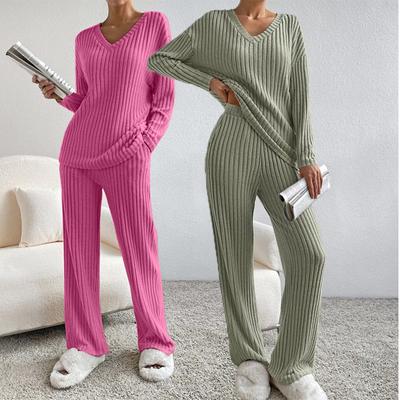 Women's Suit Autumn Casual Loose Long Sleeve Sweater 2pcs Set Lady Winter V Neck Solid Color Two Piece Set Elegant Outfit Set