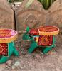 Hand Painted Wooden Elephant Stool Pair, Indian Folk Art Decorative Table