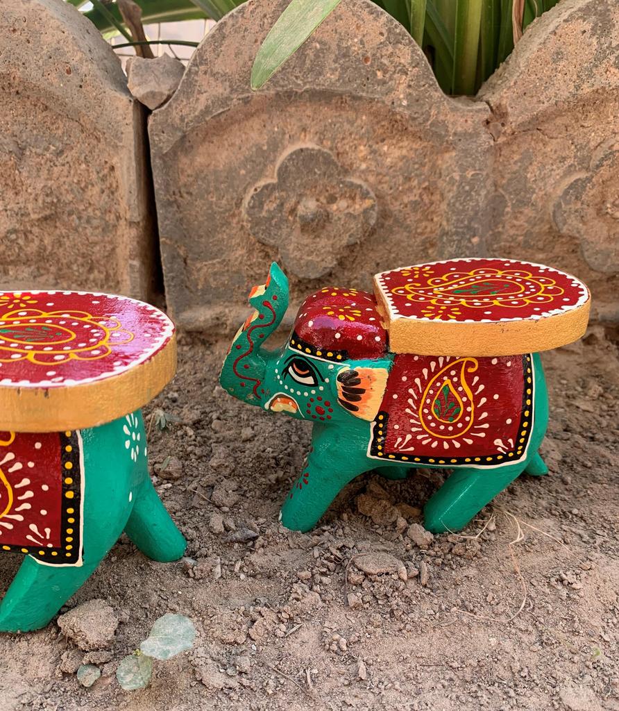 Hand Painted Wooden Elephant Stool Pair, Indian Folk Art Decorative Table