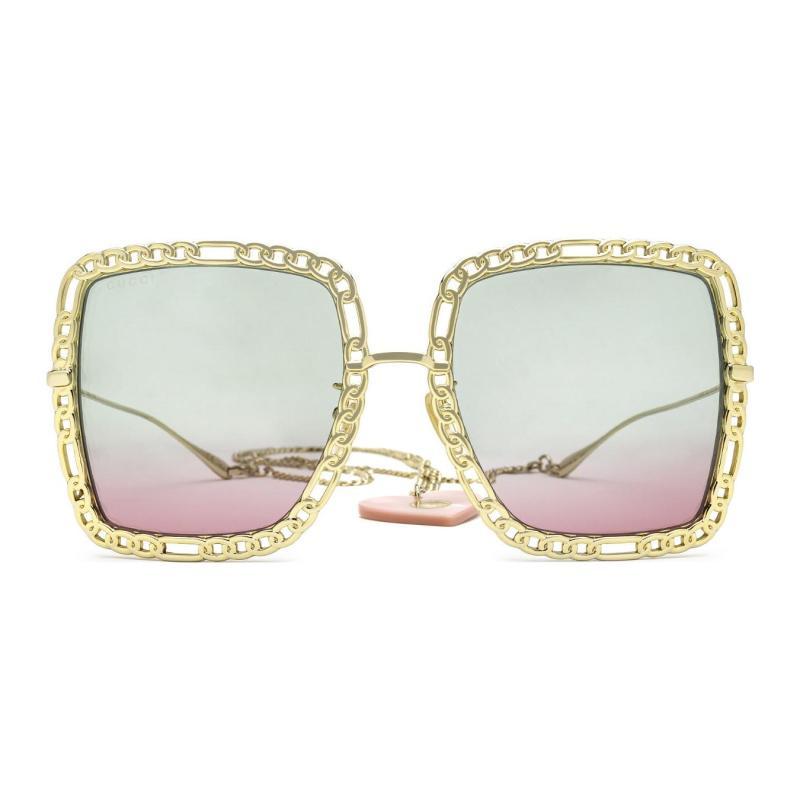GUCCI Square Frame Metal Sunglasses Gold Light Blue Women's
