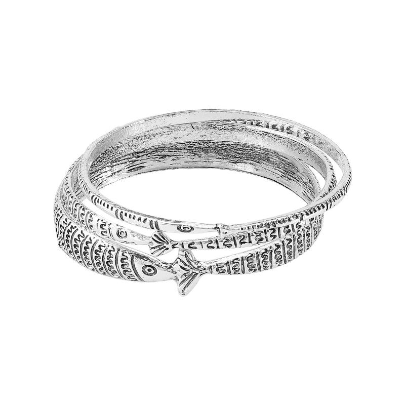 

[HF]#3 Pcs/Set Vintage Metal Stacked Bangle Women Ethnic Style Fish Pattern Symbol Bracelet Party Accessory Couple Jewelry