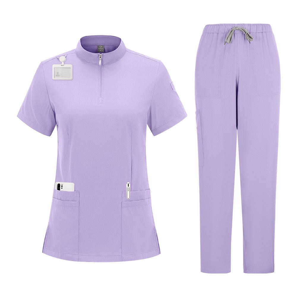 Elastic Zipper Scrub Suit with Stand-up Collar for Medical Professionals