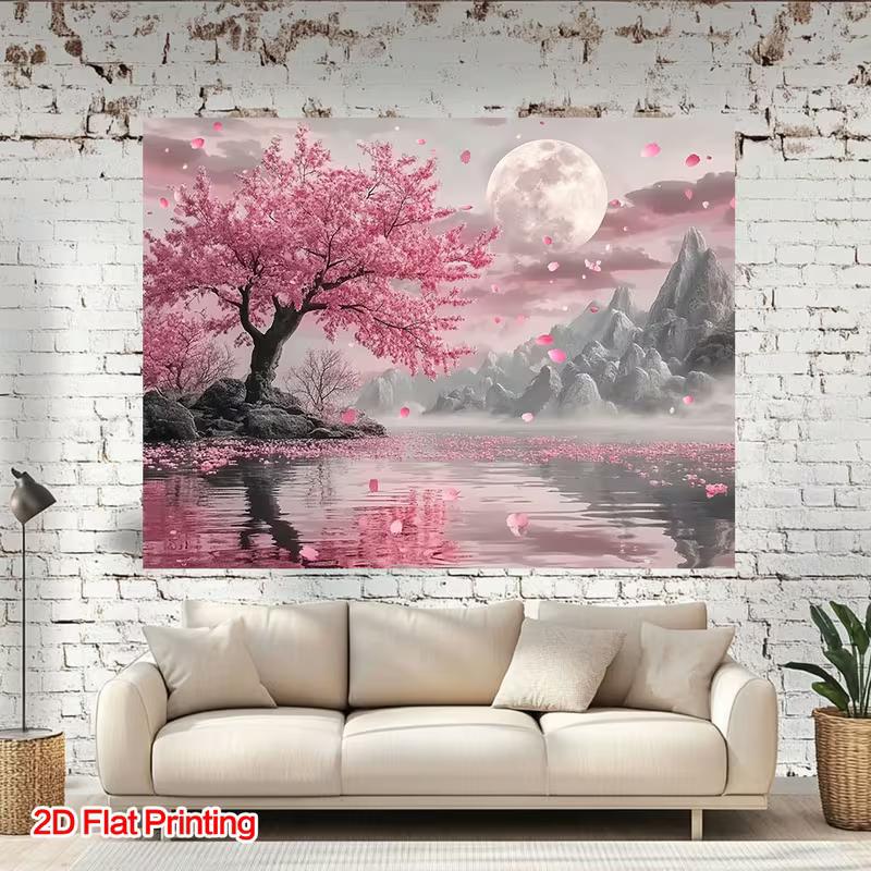 Arazzo 2D Fiori di Ciliegio Onirici Lago Notturno con Luna Rosa Montagna Sfondo Zen