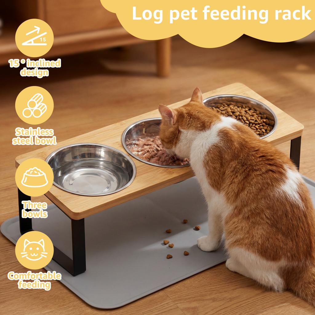 Elevated Pet Feeding Bowl 15° Tilted Cat Food and Water Bowl Stand with 3 Stainless Steel Bowls Dog Feeder Stand Pet Supplies