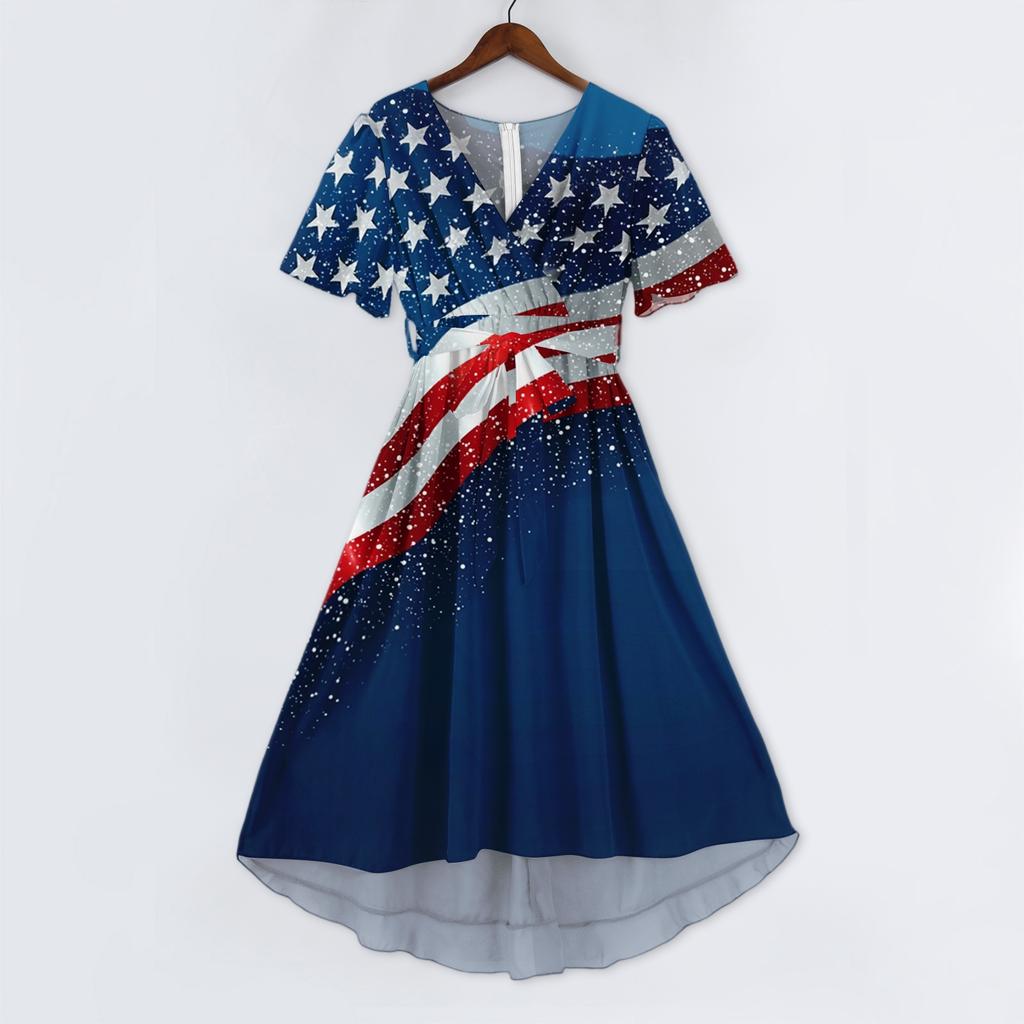Women V Neck Short Sleeve Casual Dress with Star and Stripe Print Loose Fit Knee Length for Daily Wear Holiday Party