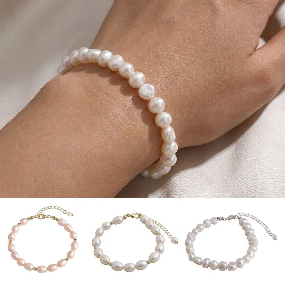 Small Rice Pearls Rice Pearl Strand Bracelets Adjustable Chain Beaded Strand Bracelets Women
