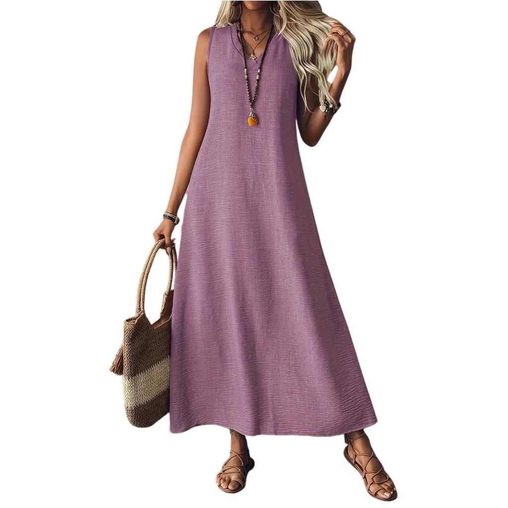 Summer Sleeveless Long V-Neck Elegant Dress Women's Fashion Ankle-Length Maxi Dress