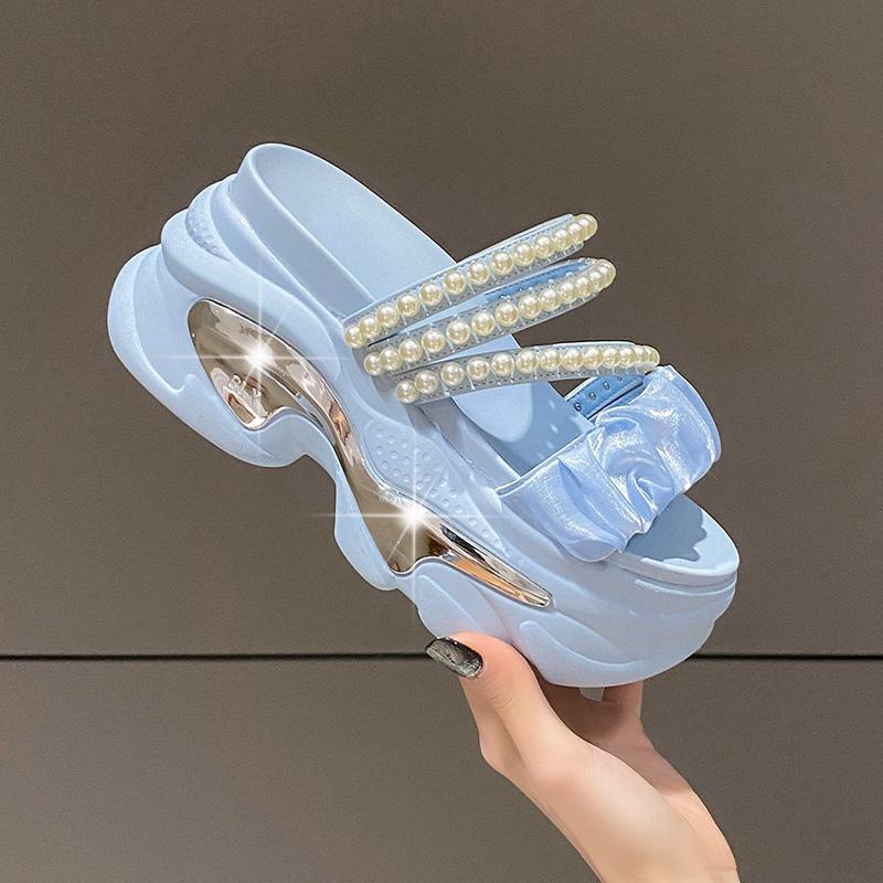 

Модные босоножки на платформе с блестками, женские летние дышащие босоножки на танкетке, высокие каблуки, женские пляжные тапочки с бисером, массивная обувь, сандалии Mujer 34 небесно-голубой