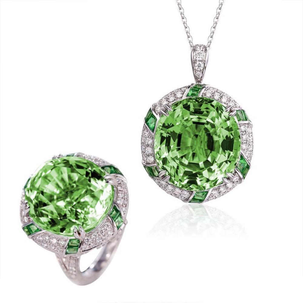 Women Jewelry Set Imitation Natural Peridot Pendant Luxe Statement Gemstone Open Ring Accessories