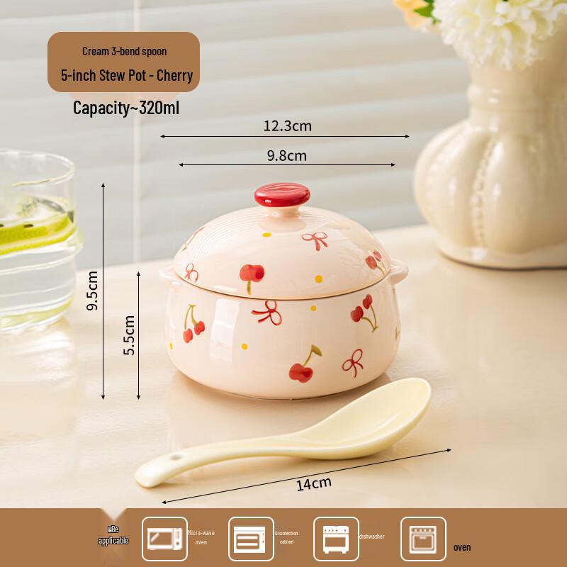 KANGMO 5-inch Cartoon Ceramic Stew Pot with Lid and Spoon