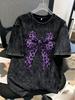 Multi Color Leopard Bow Print Graphic TShirt 2D Flat Print Retro Washed Crew Neck Casual Short Sleeve Daily Street Style Top