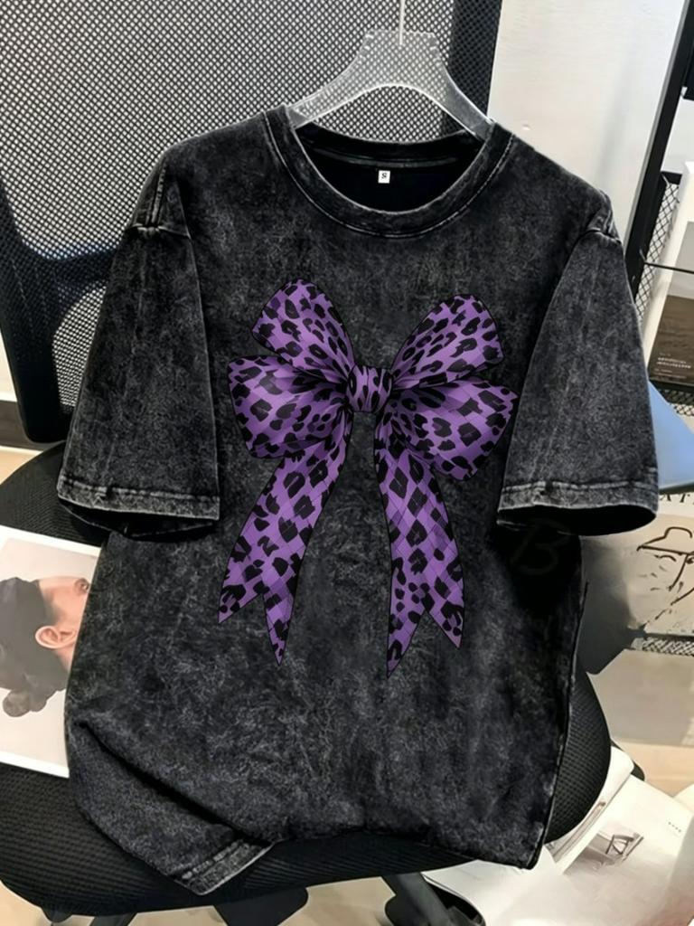 Multi Color Leopard Bow Print Graphic TShirt 2D Flat Print Retro Washed Crew Neck Casual Short Sleeve Daily Street Style Top