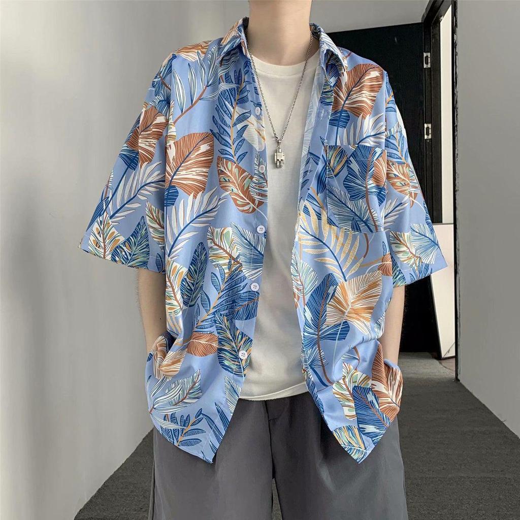 Men's Harajuku-Style Retro Floral Short-Sleeve Shirt: Hong Kong Ulzzang Beachwear with Sun Protection, Perfect for Couples.