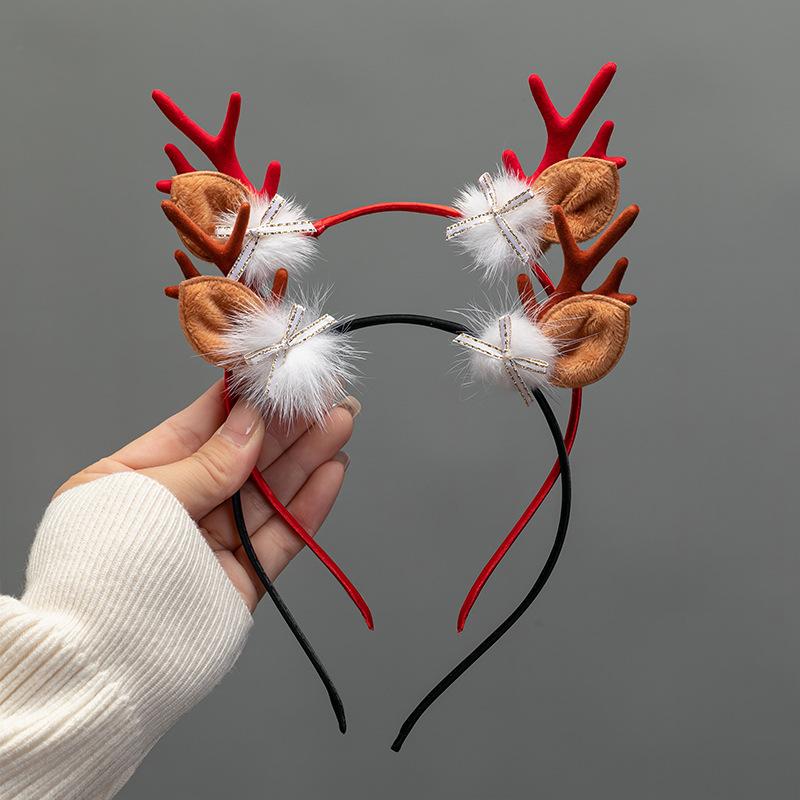 Christmas Deer Antler Headband Red Forest Style, Festive Reindeer Hair Band for Women Girls Children Holiday
