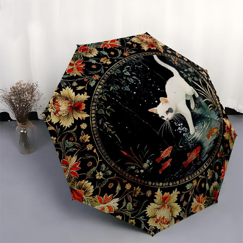 Cat, PondThemed Automatic Opening and Closing Umbrella - 8 Ribs, Suitable for Leisure and Going Out, Outdoor Accessory, Gothic Style, Fashio