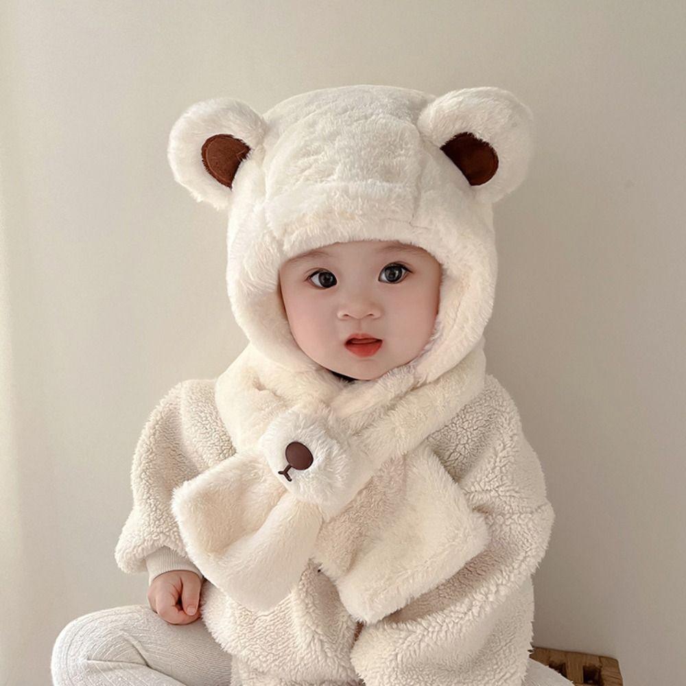 Fashion Design Children Fleece Hat Solid Color Plush Hat with Scarf Outdoor Bear Plush Hat  Boy