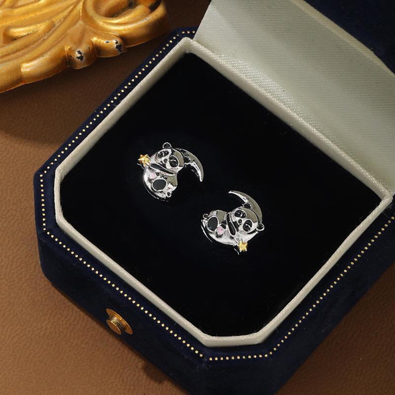 Panda Moon Stud Earrings: Luxury Crescent Moon Animal Design for Girls - Perfect Birthday or Christmas Gift