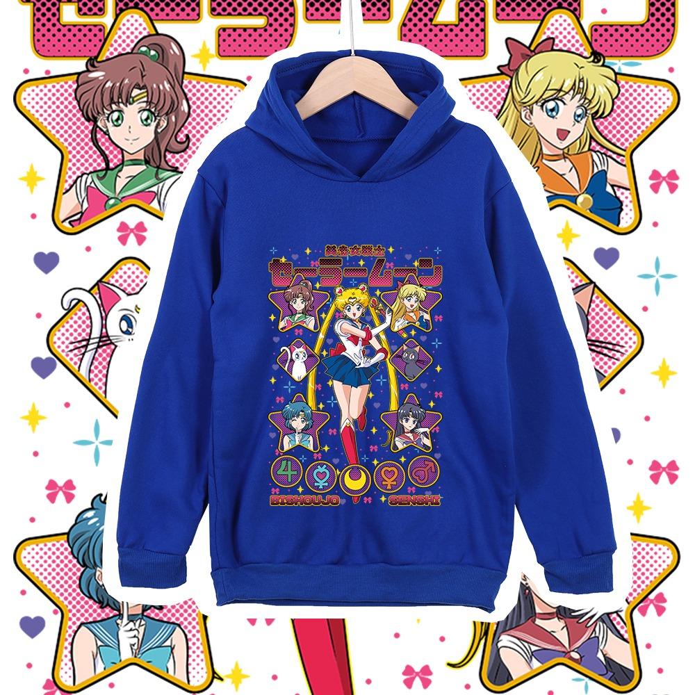 Kinder Anime Baumwoll-T-Shirt Sailor Moon Charaktere Aufdruck Unisex Hoodie Sweatshirt für Jungen Mädchen 100-160cm Höhe