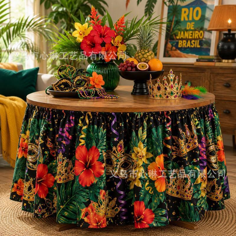 Tropical Plant Print Round Tablecloth Carnival Party Decor Festive Table Skirt In Geometric Abstract Design
