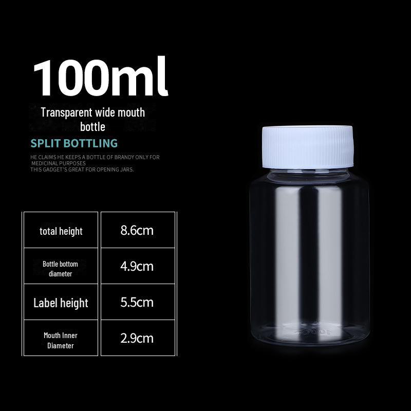 

Прозора ПЕТ-пляшка з широким горлом та герметичною кришкою – розміри 30 мл, 50 мл, 100 мл, 500 мл 100 ml