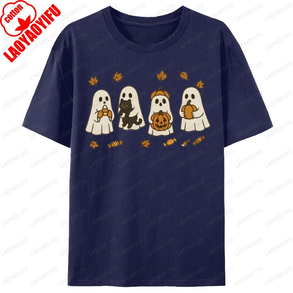 Spooky Season Ghost Cat Pumpkin Halloween Graphic T Shirts Unisex Clothes Unisex Clothing Street Fashion Crewneck Tops TShirt Gift
