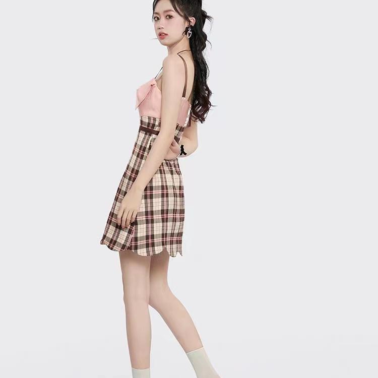 Women's Summer Retro Sweet Strap Plaid Dress Korean Style Y2k Mini Party Dresses