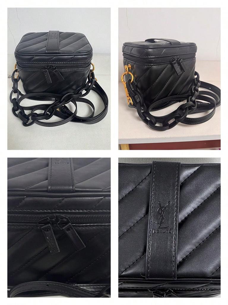 YSL Quilted Makeup Box Bag, Detachable Chain Crossbody Cosmetic Storage Pouch