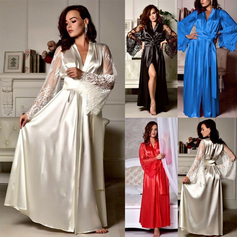Elegante Camicia da Notte da Donna in Raso di Seta con Pizzo Lingerie Kimono Abbigliamento da Notte Lunga Vestaglia