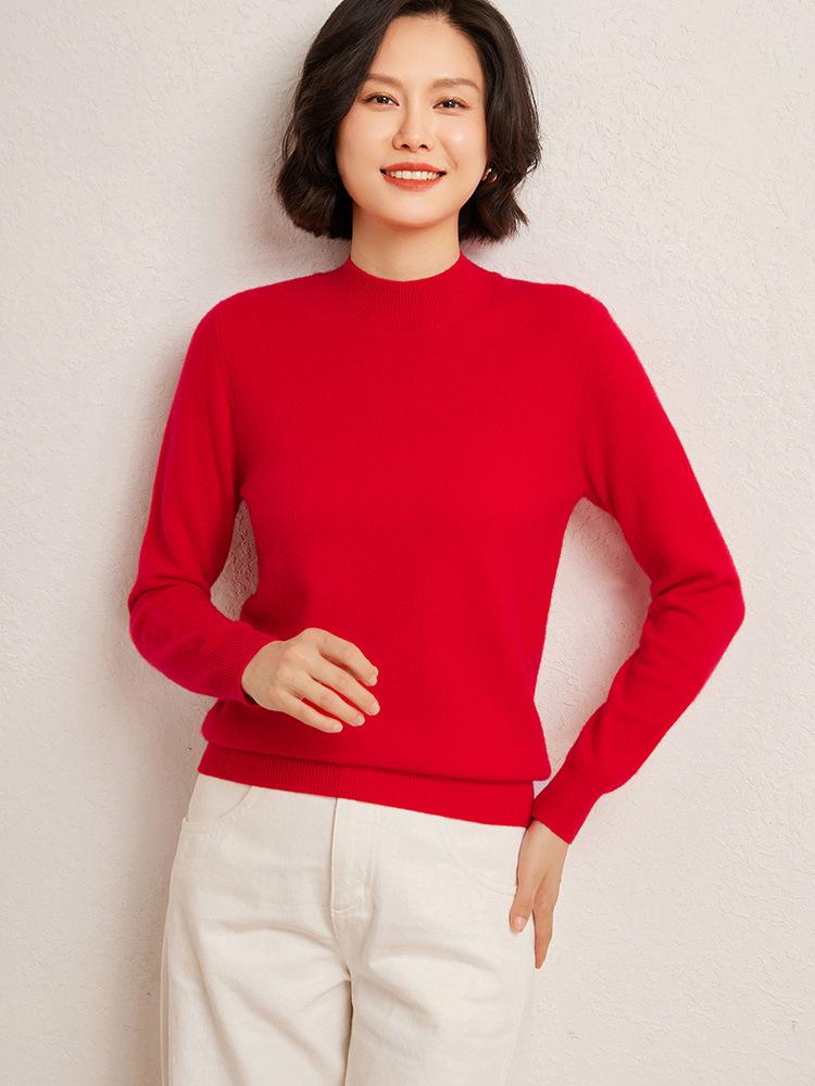 Women's Fashionable Cashmere Half-High Collar Knit Top - Versatile Long Sleeve Warm Base Layer for Autumn/Winter