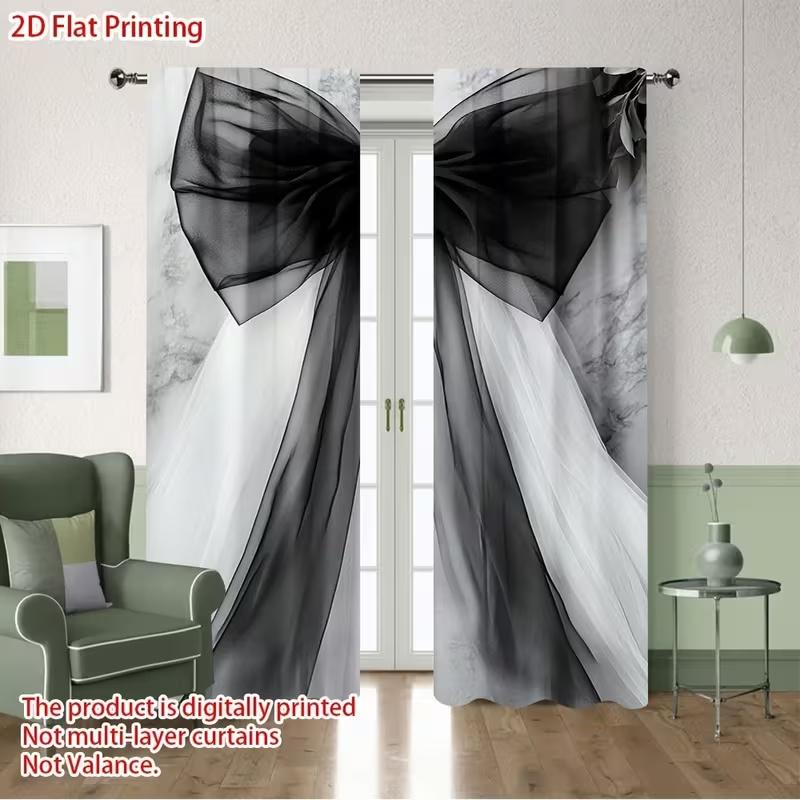 

Set Of 2 Black Bow Print Curtains Suitable Bedroom Living Room Kitchen Decoration Home Window Curtain Polyester Ideal For Area W100*H70(CM)-Rod Pocket&2PCS