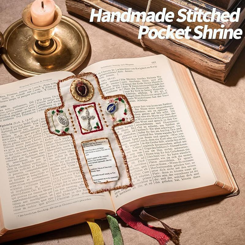 Santuario de Bolsillo con Cruz de Plata Incluida en el Interior, Colcha de Oración Hecha a Mano, Mini Colchas de Escrituras, Regalos Espirituales Cristianos