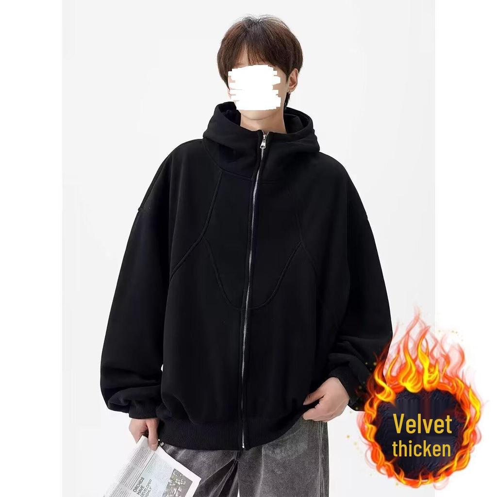 Men's Winter Hooded Cardigan - Trendy Casual Loose-Fit Pure Color Zipper Jacket
